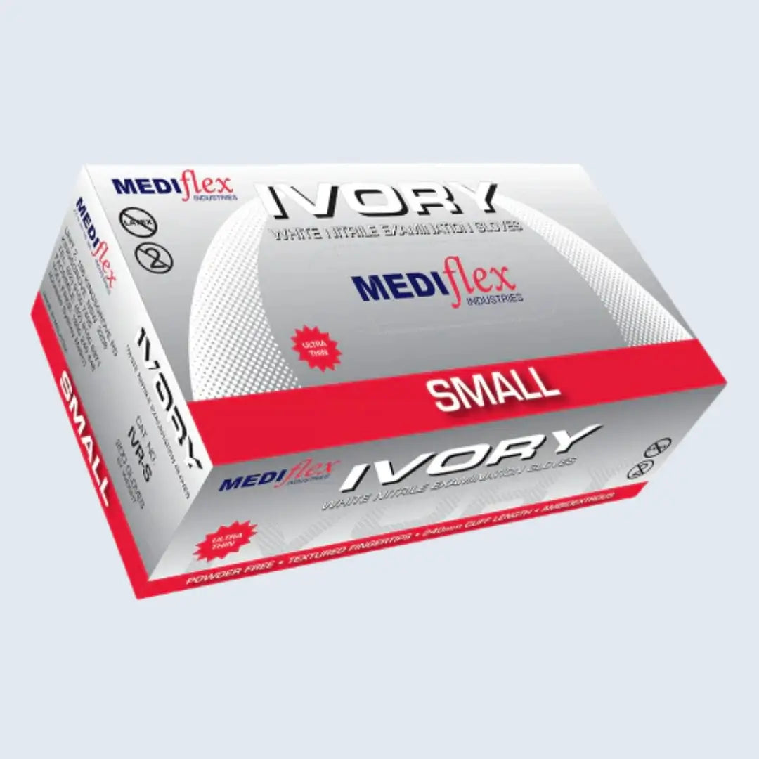 Mediflex ivory white nitrile examination gloves small size box with powder-free textured surface